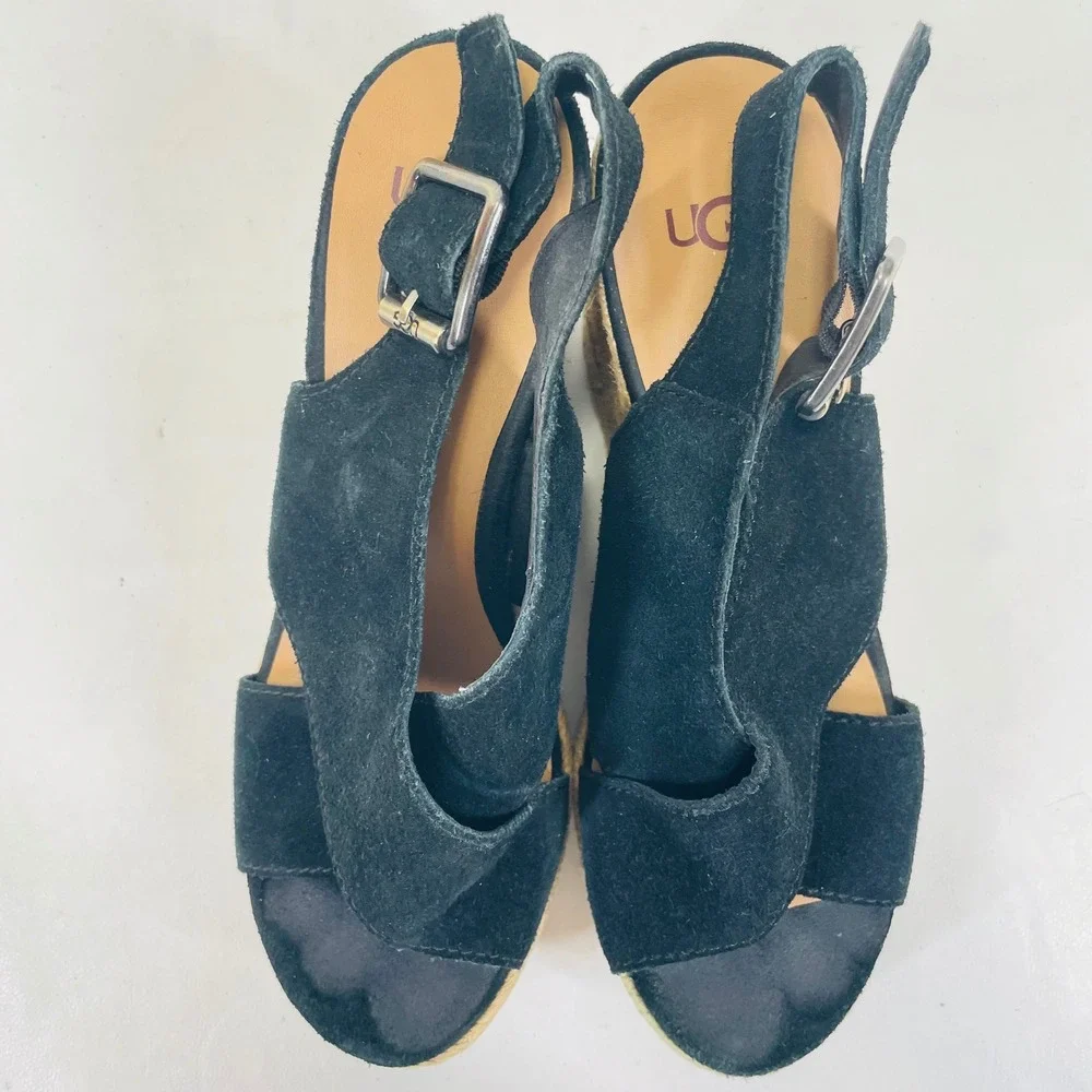 UGG Trina Black Suede Espadrille Wedge Sandals 1019902 Womens 7